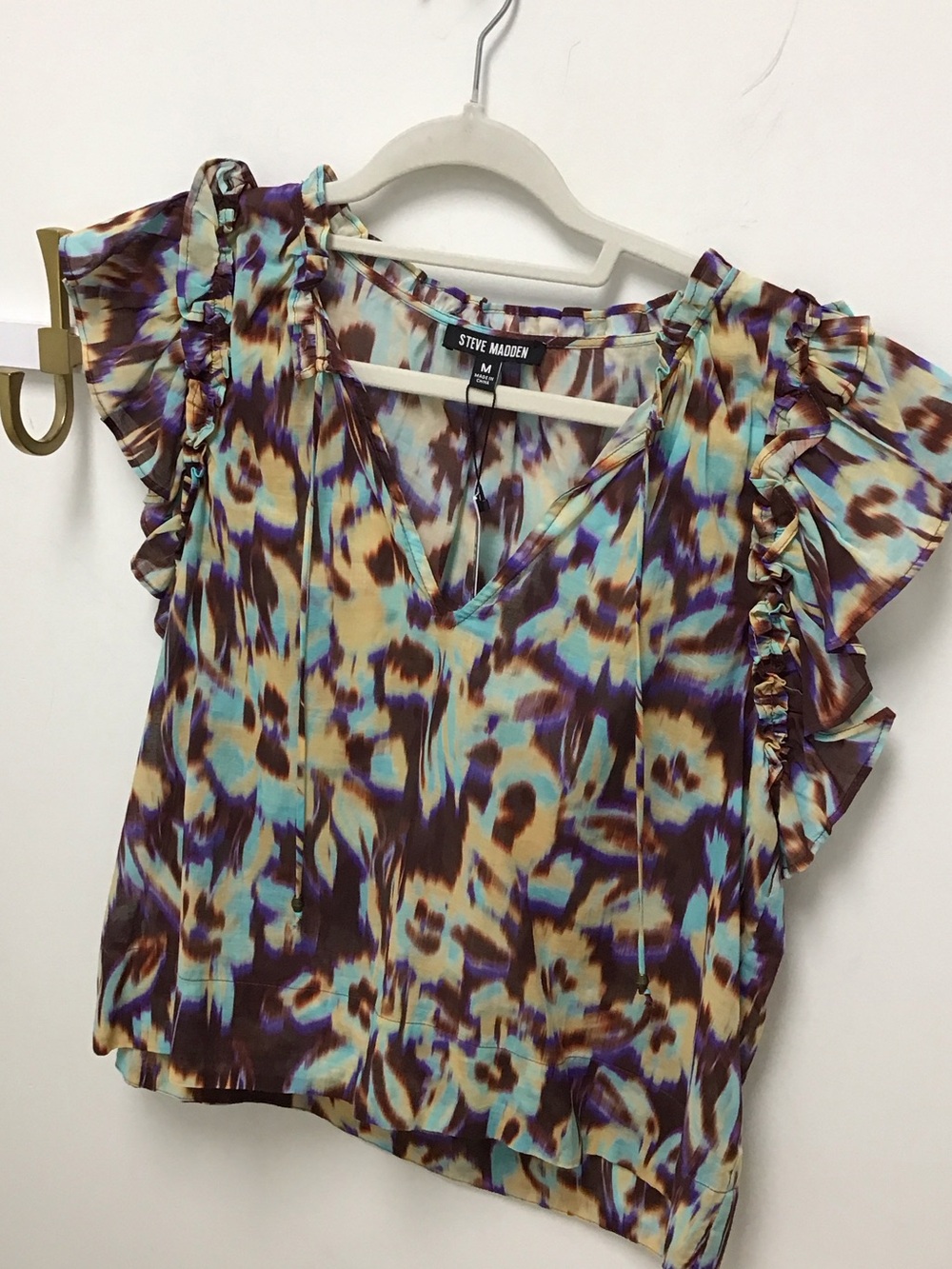 Steve Madden Teal, Brown & Purple Ruffle Sleeve V-Neck Blouse